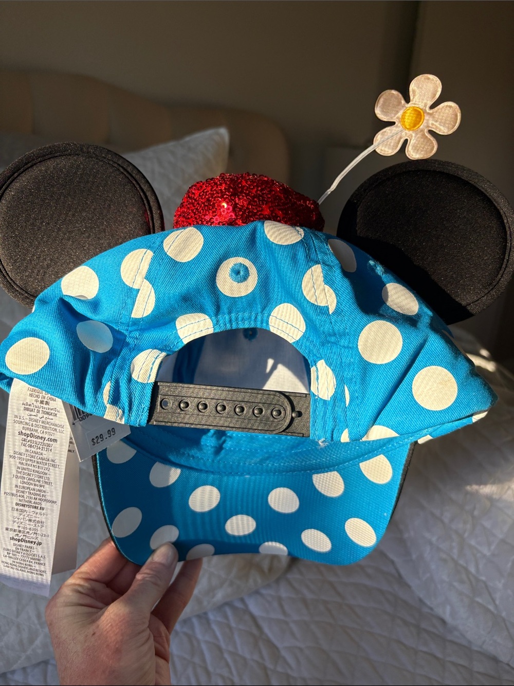 Disney Blue and White Polka Dot Minnie Ear Hat with Red Sequin Top and Daisy - Picture 3 of 3